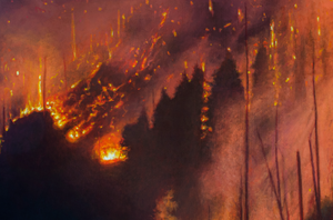 An oil painting as a limited edition canvas print depicting a bull moose in a fiery wildfire setting by Montana wildlife artist James Corwin.