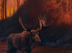 An oil painting as a limited edition canvas print depicting a bull moose in a fiery wildfire setting by Montana wildlife artist James Corwin.