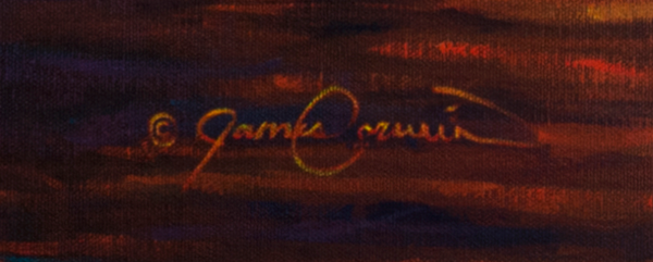 An oil painting as a limited edition canvas print depicting a bull moose in a fiery wildfire setting by Montana wildlife artist James Corwin.