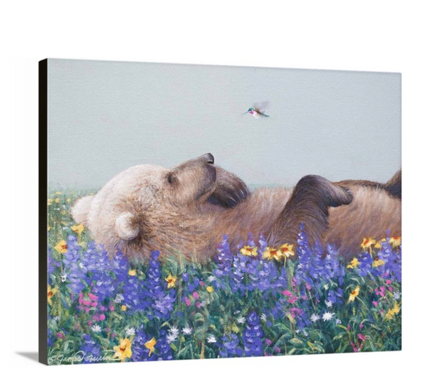 grizzly bear in wildflowers looking at hummingbird wildlife painting by james corwin fine art limited edition print