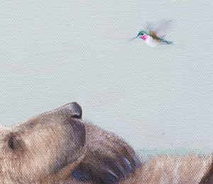 grizzly bear in wildflowers looking at hummingbird wildlife painting by james corwin fine art limited edition print