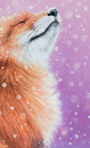 An oil painting of a red fox peacefully watching the snow fall with a pink purple background by wildlife artist James Corwin.
