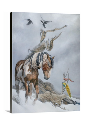 Limited Edition Giclee Canvas Print of a Native American Pinto Mustang in Snow, with accompanying birds and prayer flags. Oil painting by wildlife artist James Corwin in Montana.