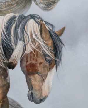 Limited Edition Giclee Canvas Print of a Native American Pinto Mustang in Snow, with accompanying birds and prayer flags. Oil painting by wildlife artist James Corwin in Montana.