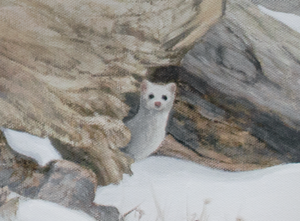 Limited Edition Giclee Canvas Print of a Native American Pinto Mustang in Snow, with accompanying birds and prayer flags. Oil painting by wildlife artist James Corwin in Montana.