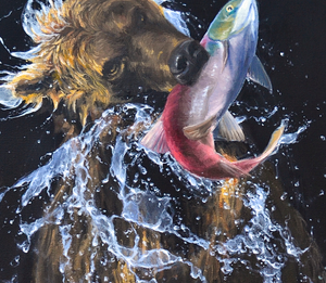 Alaskan Brown Bear pulling sockeye salmon out of river james corwin wildlife artist