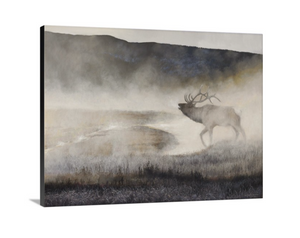 A bull elk bugles in Yellowstone geyser mist. An oil painting as a limited edition print by wildlife artist James Corwin.