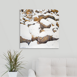 A painting of a fox among rocks covered in snow by wildlife artist James Corwin. Hanging wall decor.