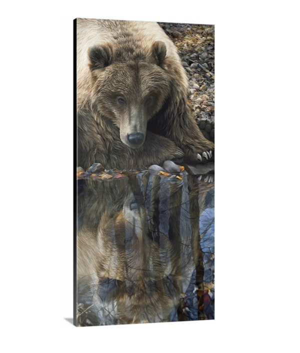 An oil painting as a limited edition canvas print of a grizzly bear looking at its reflection by wildlife artist James Corwin.