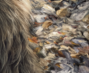 An oil painting as a limited edition canvas print of a grizzly bear looking at its reflection by wildlife artist James Corwin.