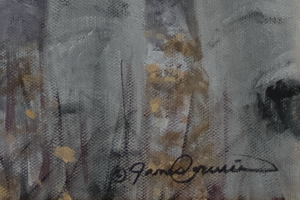 A canvas print of a bull moose in a winter aspen forest setting. Montana Oil painting by wildlife artist James Corwin.