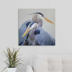 A canvas print of two great blue herons with a gray, blue, and yellow color palette. An oil painting by wildlife artist James Corwin.