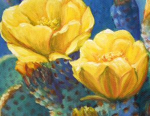 An oil painting of a california quail against a prickly pear cactus with yellow flowers in the desert. The sun is setting and the mountains are pink. A canvas print by wildlife artist James Corwin.