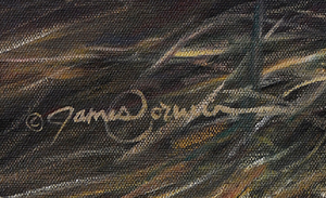 A canvas print featuring a mother wolf and her pups howling in a forest setting, an oil painting by wildlife artist James Corwin, based in Montana western art.