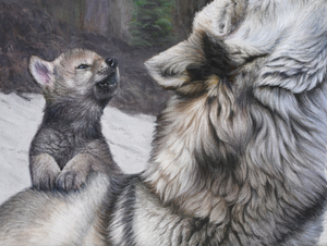 A canvas print featuring a mother wolf and her pups howling in a forest setting, an oil painting by wildlife artist James Corwin, based in Montana western art.