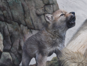 A canvas print featuring a mother wolf and her pups howling in a forest setting, an oil painting by wildlife artist James Corwin, based in Montana western art.