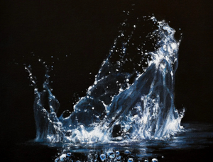 A belted kingfisher dives through water to catch a minnow fish. A giclee canvas print of an oil painting by wildlife artist James Corwin.