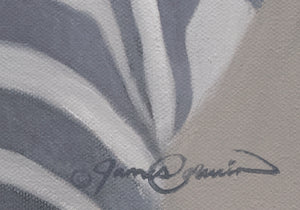 An oil painting of African zebras in a herd by wildlife artist James Corwin as a giclee canvas print.