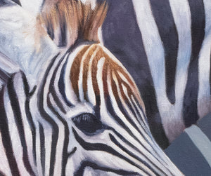 An oil painting of African zebras in a herd by wildlife artist James Corwin as a giclee canvas print.