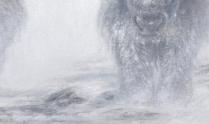 A giclee canvas print of three yellowstone bison in a misty winter setting from an oil painting by James Corwin wildlife artist.