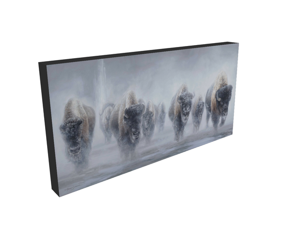 giants in the mist yellowstone bison winter painting by james corwin wildlife artist