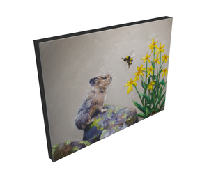 A canvas print featuring a mountain pika watching a bumblebee on a flower by wildlife artist James Corwin.
