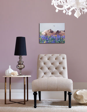 grizzly bear in wildflowers looking at hummingbird wildlife painting by james corwin fine art limited edition print hanging in living room home decor wall art