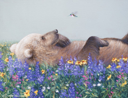 grizzly bear in wildflowers looking at hummingbird wildlife painting by james corwin fine art limited edition print