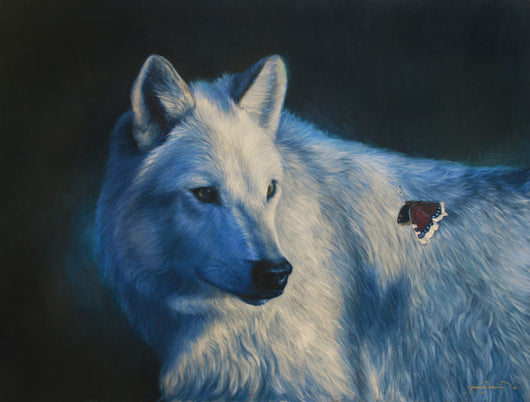 white wolf butterfly oil painting limited edition giclee print on canvas wildlife art by james corwin fine artist