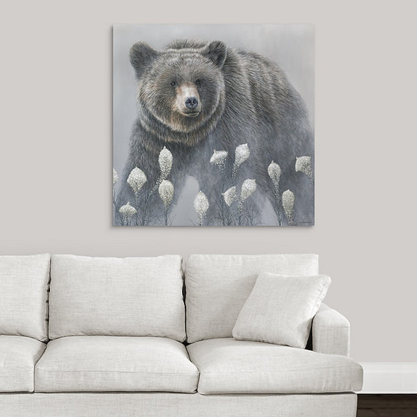 Limited Edition Giclee Canvas Print of a grizzly bear walking among beargrass in mist and fog by wildlife artist James Corwin.