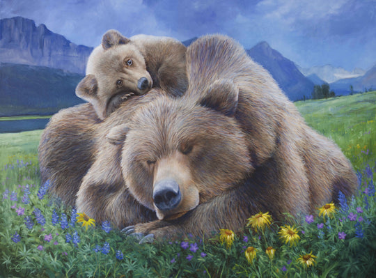 grizzly bear cub rests on his sleeping mother in wildflowers glacier national park wildlife painting by james corwin fine art