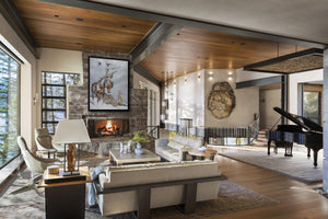 Limited Edition Giclee Canvas Print of a Native American Pinto Mustang in Snow, with accompanying birds and prayer flags. Oil painting by wildlife artist James Corwin in Montana. Hanging in living room wall art home decor.