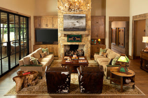 A bull elk bugles in Yellowstone geyser mist. An oil painting as a limited edition print by wildlife artist James Corwin. Hanging in living room home decor wall art.