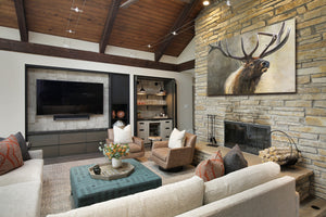 The sentinel bull elk oil painting by wildlife artist James Corwin, based in Montana, as a limited edition canvas print. Hanging in living room home decor wall art.