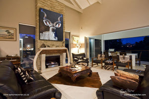 Kudu african antelope portrait limited edition art print oil painting by wildlife artist James Corwin hanging in living room home decor