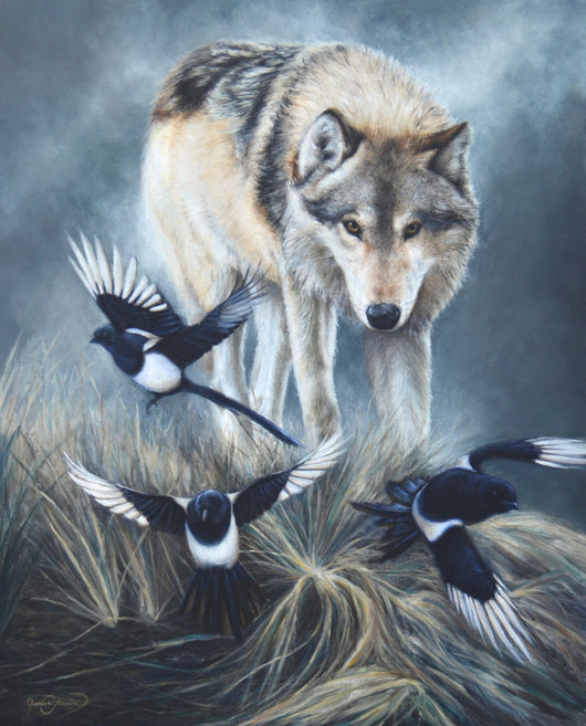 wolf follows magpies to scavenge art painting limited edition print